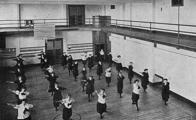Historic picture of exercise class. 