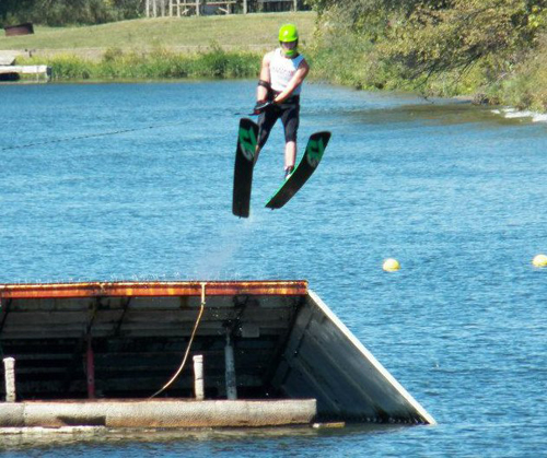 Water Ski Team member Kellen Dorff jumps off a ramp.
