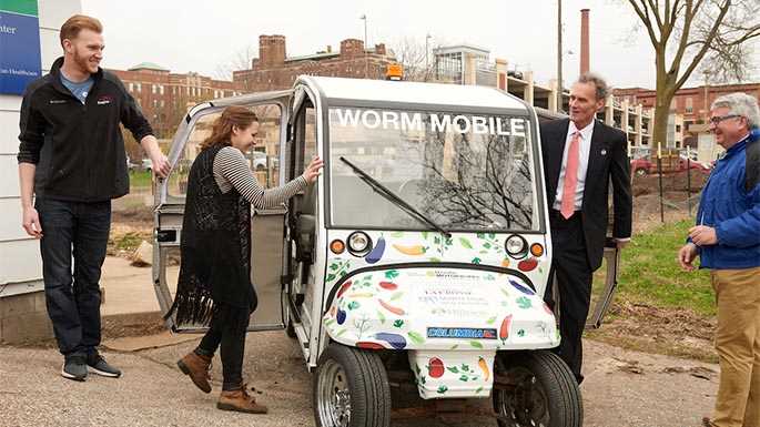 From left, Jeremy Shimetz, UWL senior and vermicomposting intern; UWL Alumna Andrea Schaefer, vermicomposting coordinator for Hillview Urban Agriculture Center; UWL Chancellor Joe Gow and Chris Schneider, president of Honda Motorwerks. The group took the “Worm Mobile” for a test drive on Tuesday during an announcement of the vehicle donation to a community vermicomposting project.
Read more →