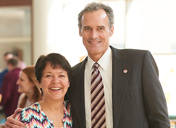 Sue Wrobel, ’79 & ’96, director of UWL’s Campus Childcare Center, retires at the end of June. She began as an educator at the center in 1986 and later became the center’s director in 1991. Here she is pictured with Chancellor Joe Gow at the center’s 2016 concert. 