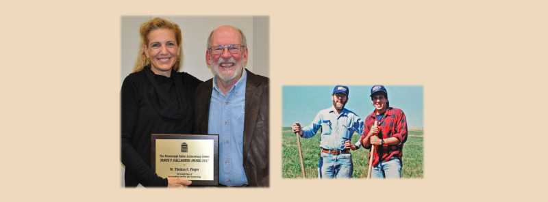 Left: Dr. James P. Gallagher, founder of MVAC, presented the award to Teresa Pleger, Tom’s wife.  Right: Dr. James P. Gallagher and Dr. Thomas C. Pleger in the field.
