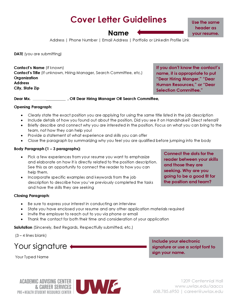 Whenever You Send A Résumé, A Cover Letter Should Always Be Attached. from www.uwlax.edu