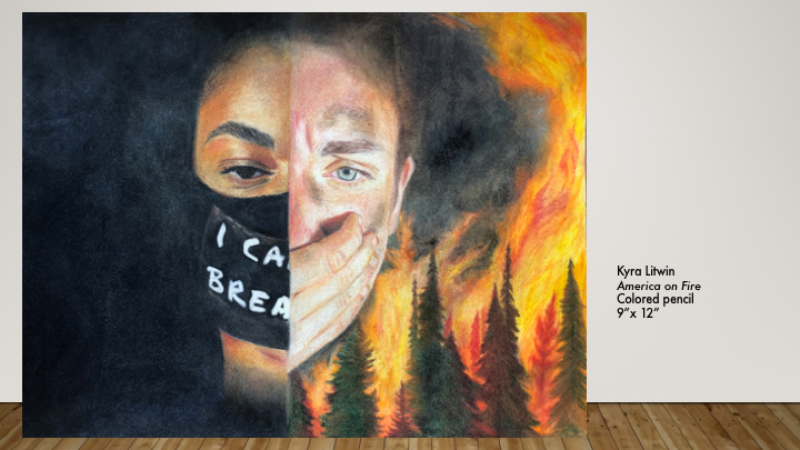 UWL Art student, Kyra Litwin, America on Fire, colored pencil, Fall 2020
