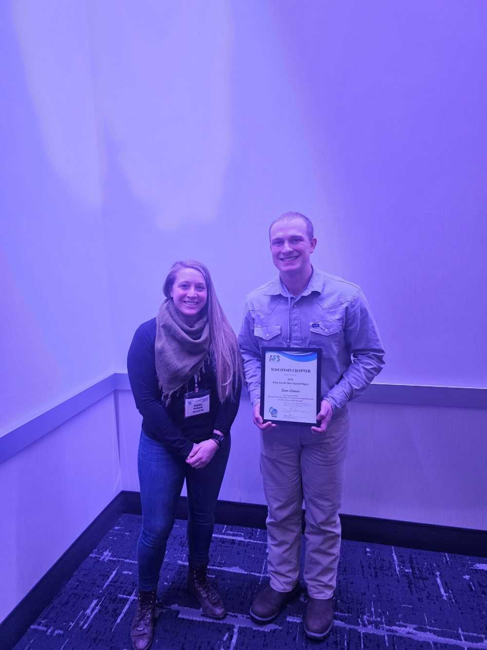 Congratulations to Evan Sirianni for receiving the 2025 John Lyons Best Speed Talk award from the Wisconsin Chapter of the American Fisheries Society! Evan presented research about instream habitat sampling in wadeable rivers. 