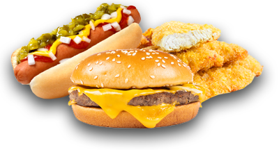 Hotdog, cheeseburger, chicken tenders