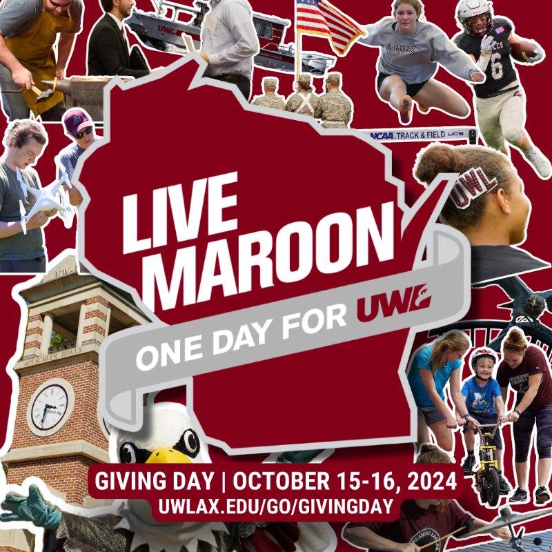 Social Media Post with One Day for UWL logo and various campus images in a sticker collage in the background.