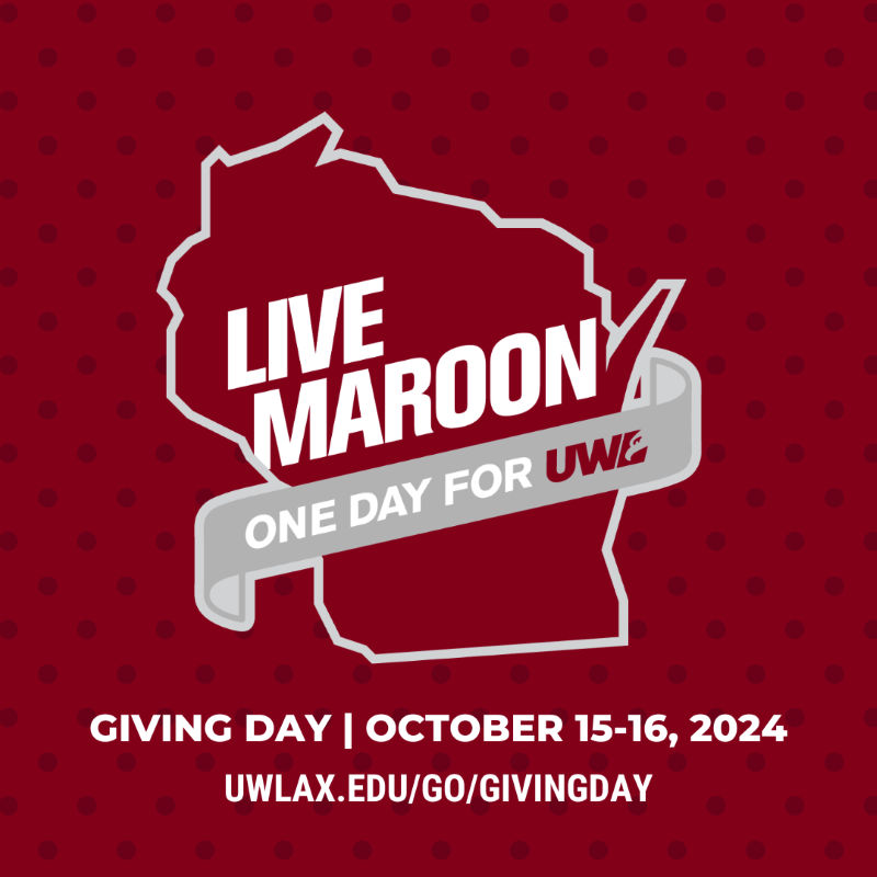 Social Media Post with One Day for UWL logo and text "Giving Day | October 15-16, 2024"| uwlax.edu/go/givingday