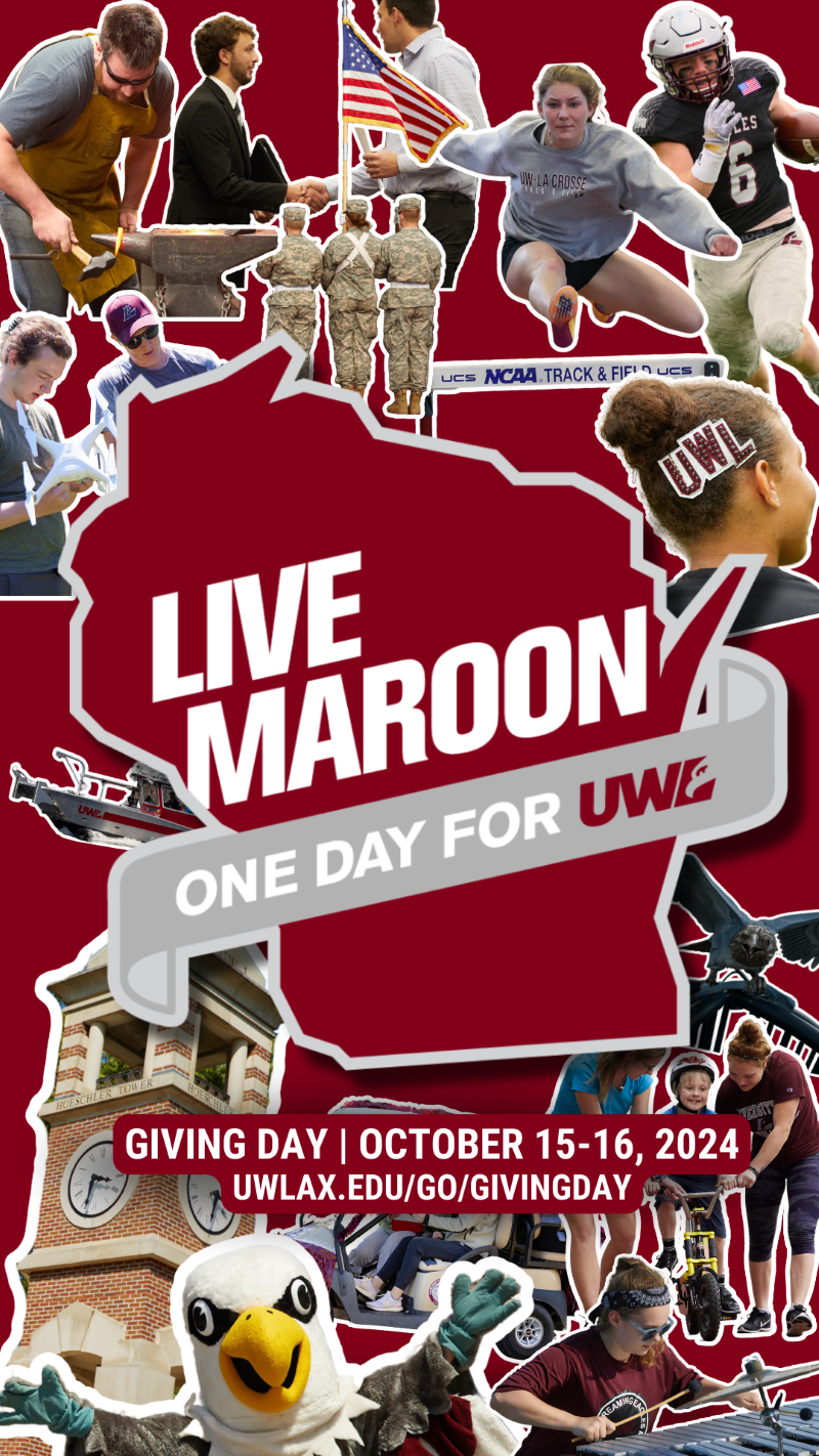 Social Media Story with One Day for UWL logo and various campus images in a sticker collage in the background.