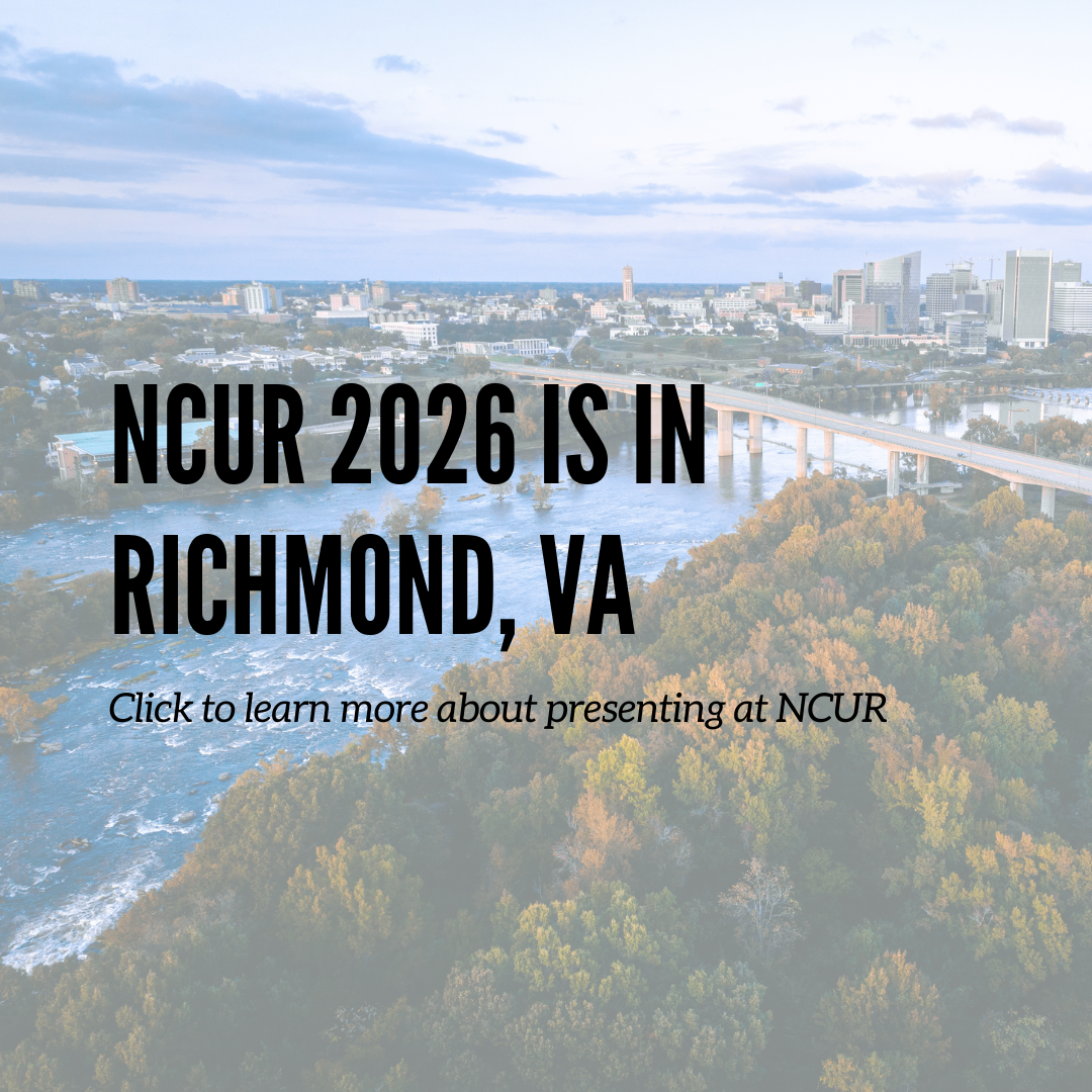 Image of a city scape with words that read, "NCUR 2026 is in Richmond, VA. Click to learn more about presenting at NCUR."